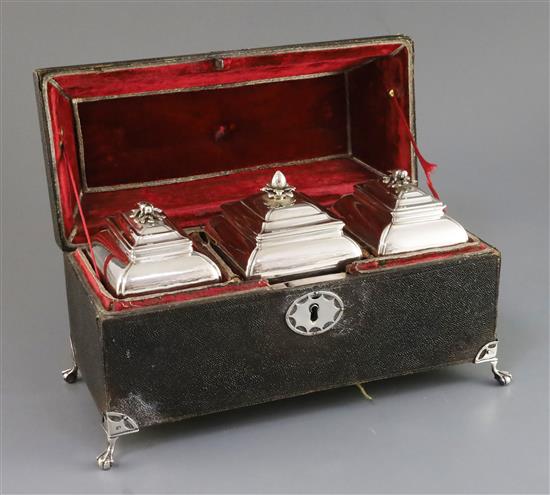 A good cased of three late George II silver graduated tea caddies, by Pierre Gillois, in original shagreen box, tallest 12.8 cm